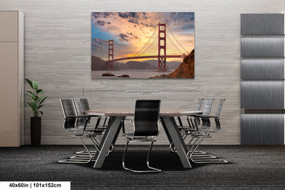a dining room table with a view of the golden gate bridge