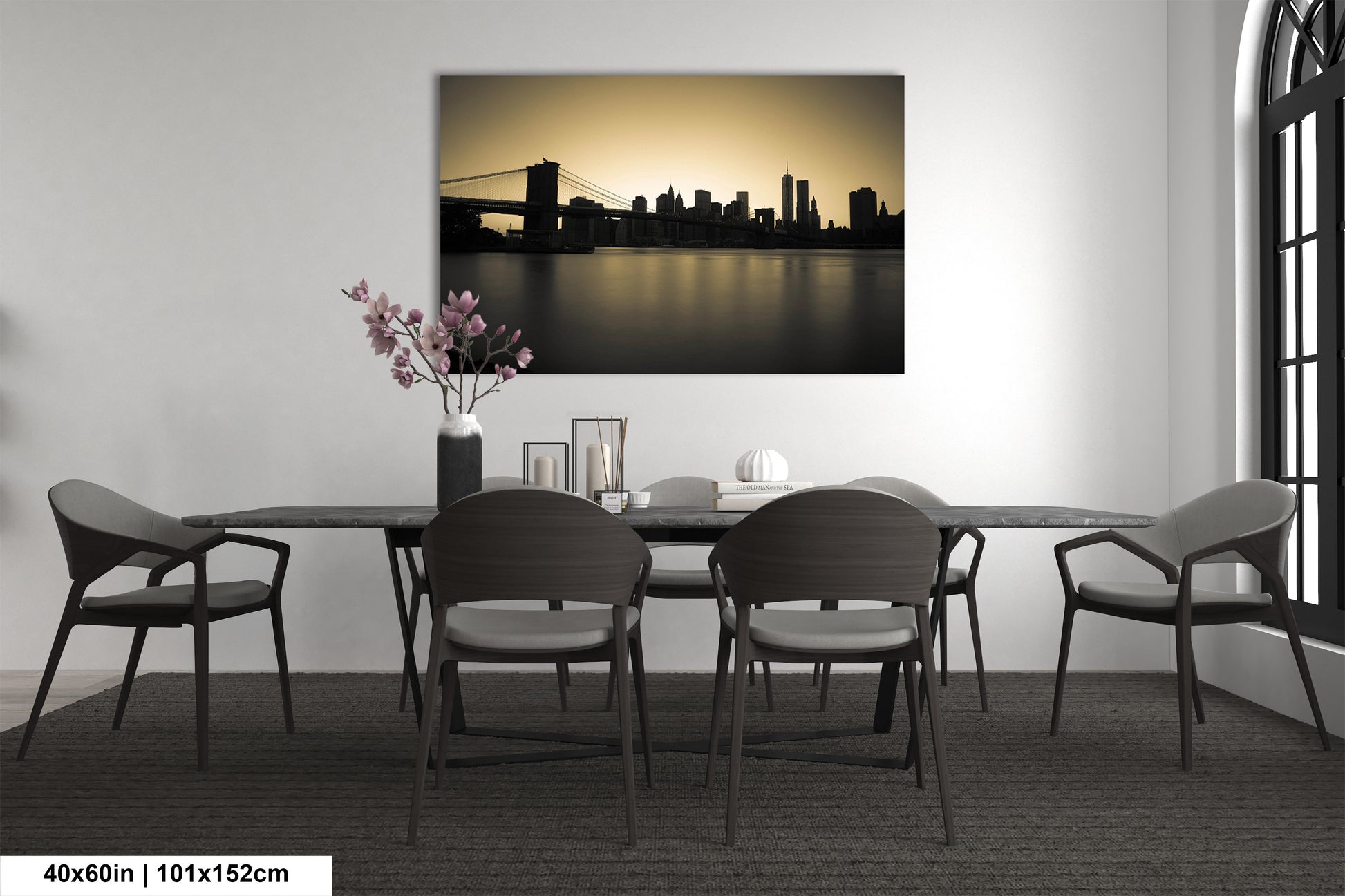 a dining room table with chairs and a vase of flowers