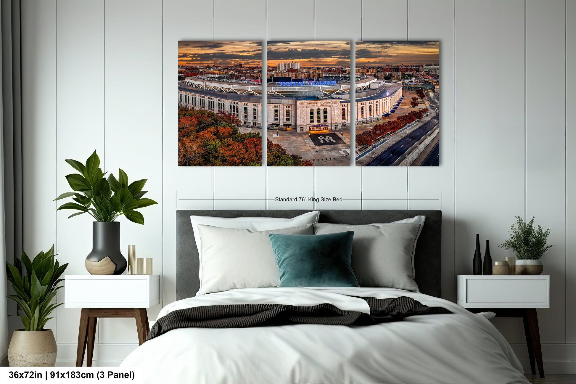 a bedroom with a large bed and three pictures on the wall