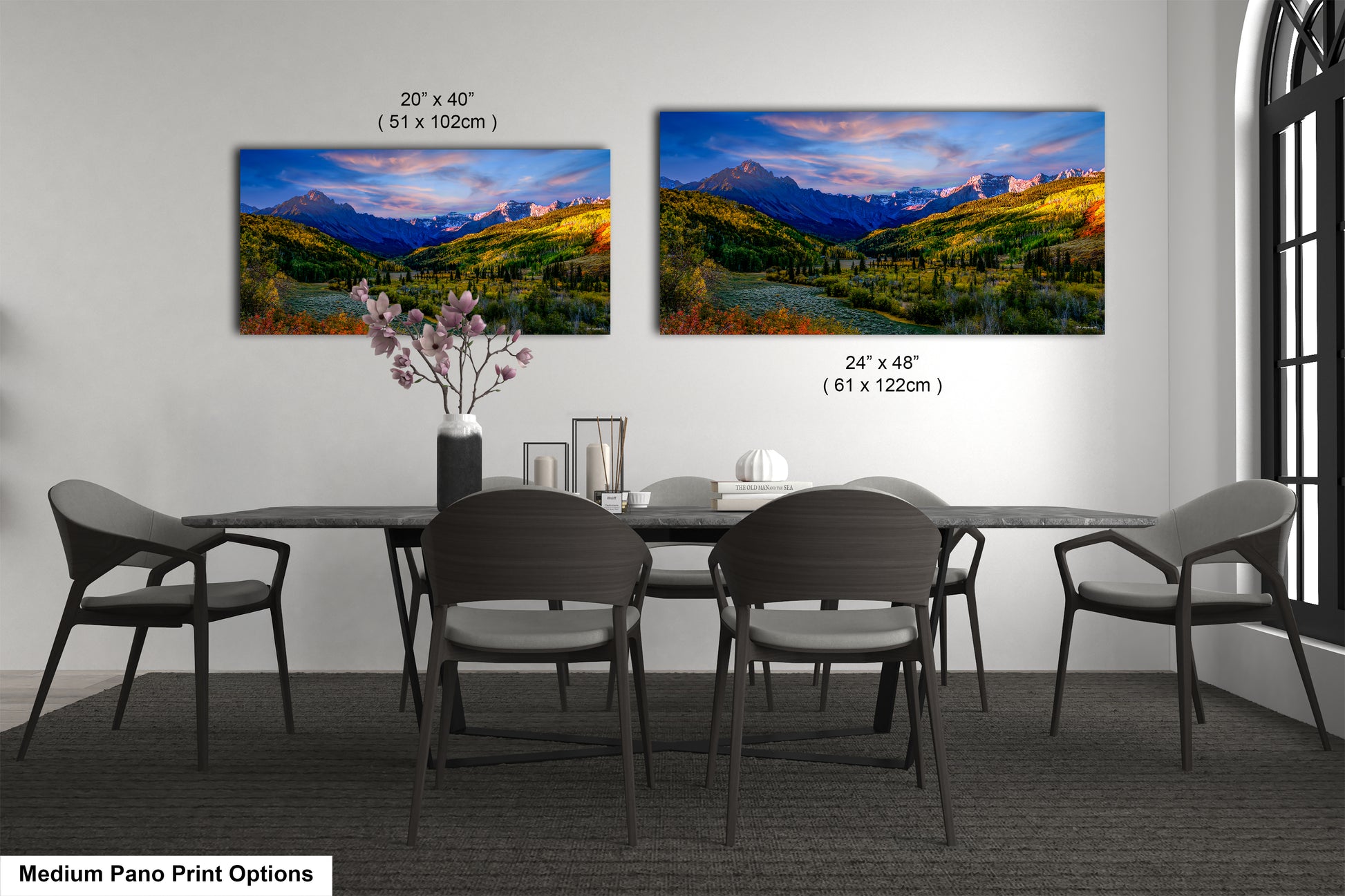 a dining room with a table and chairs