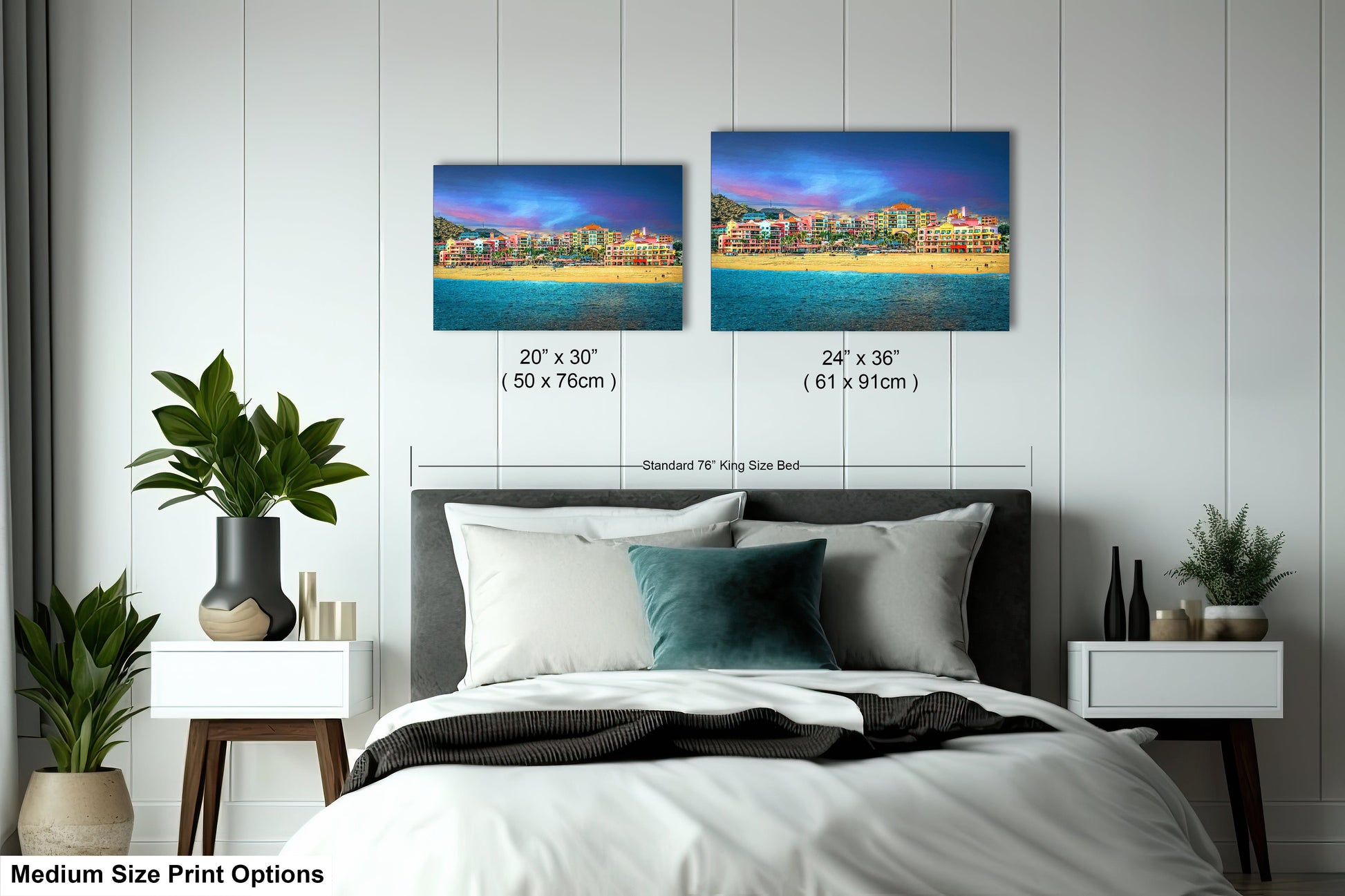a bed room with a neatly made bed and two pictures on the wall