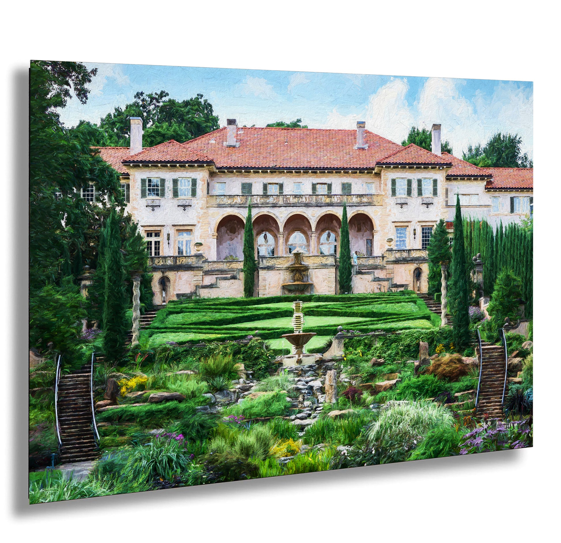 a painting of a house with a fountain in front of it