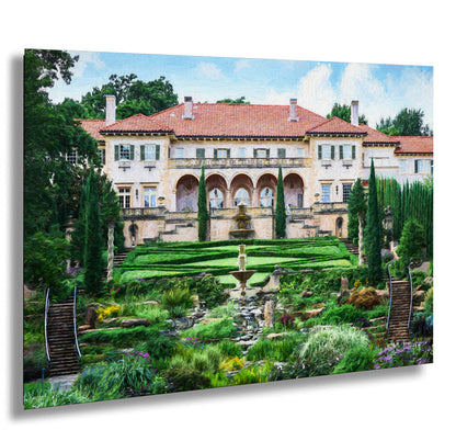 a painting of a house with a fountain in front of it