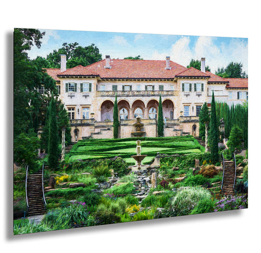 a painting of a house with a fountain in front of it