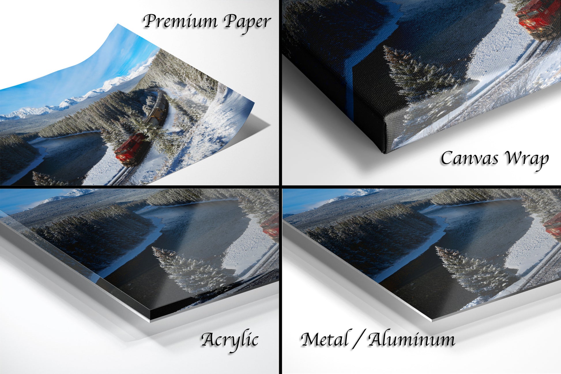 The image is a collage of four different views of a snowy mountain landscape, each with a distinct perspective and angle. The collage is labeled with the words "Premium Paper", "Canvas Wrap", "Acrylic", and "Metal/Aluminum" to describe the materials used for each viewing.
