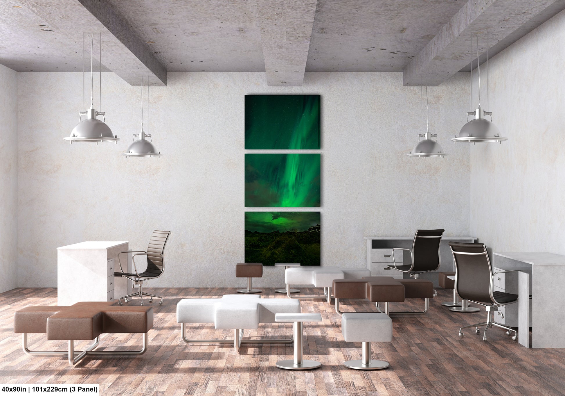 The image is a modern, minimalist office space with a large window that showcases the aurora borealis, or northern lights, in green and greenish-blue hues. The room is furnished with various seating options, including chairs and ottomans, arranged in a way that encourages collaboration and interaction among the occupants. The overall design and layout of the space create a calm and inviting atmosphere, ideal for work or creative pursuits.