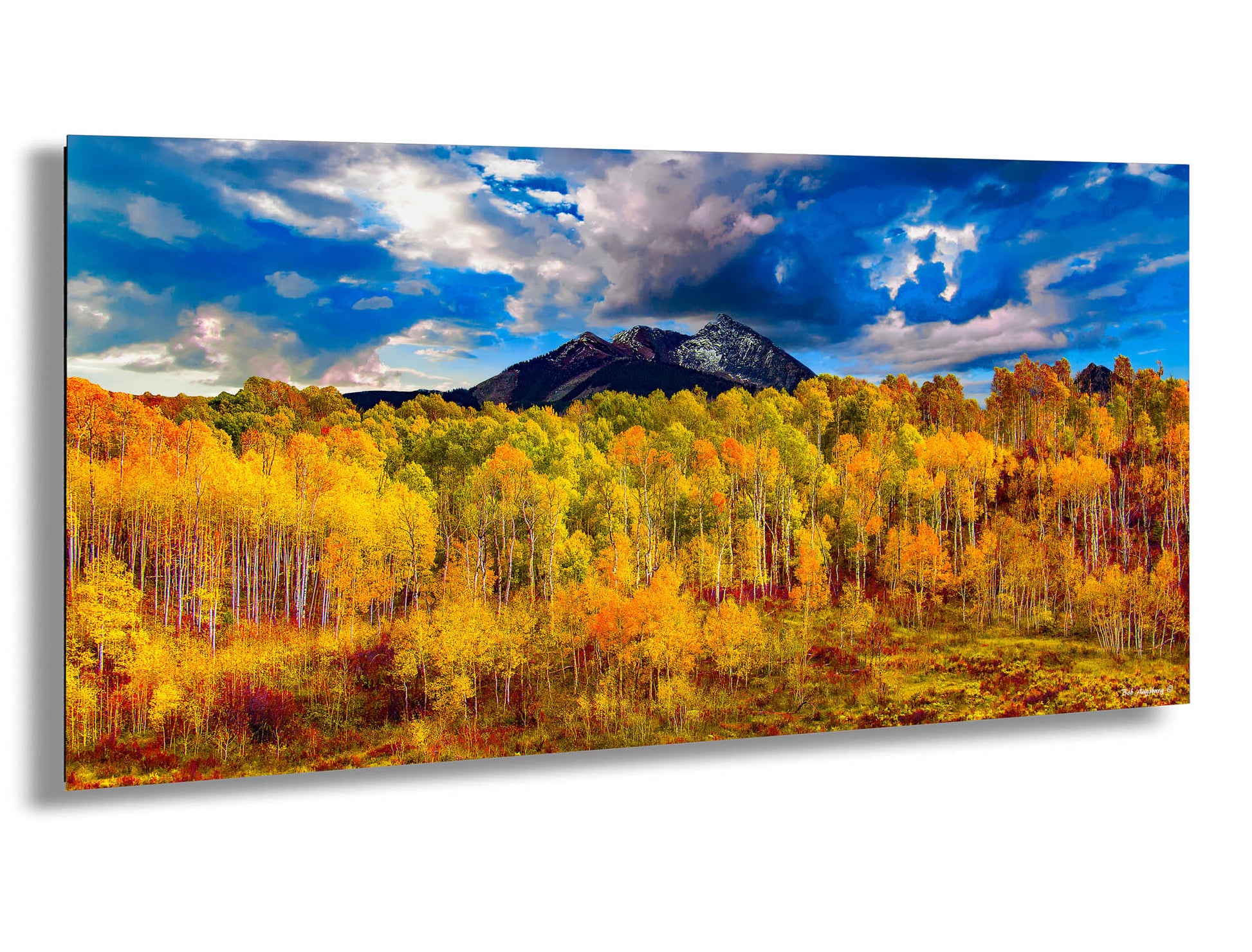 a painting of a mountain surrounded by trees