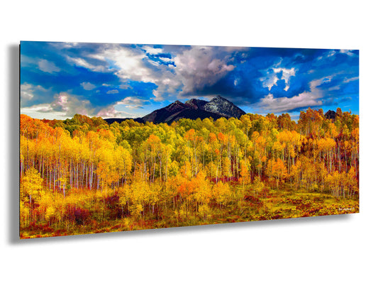 a painting of a mountain surrounded by trees
