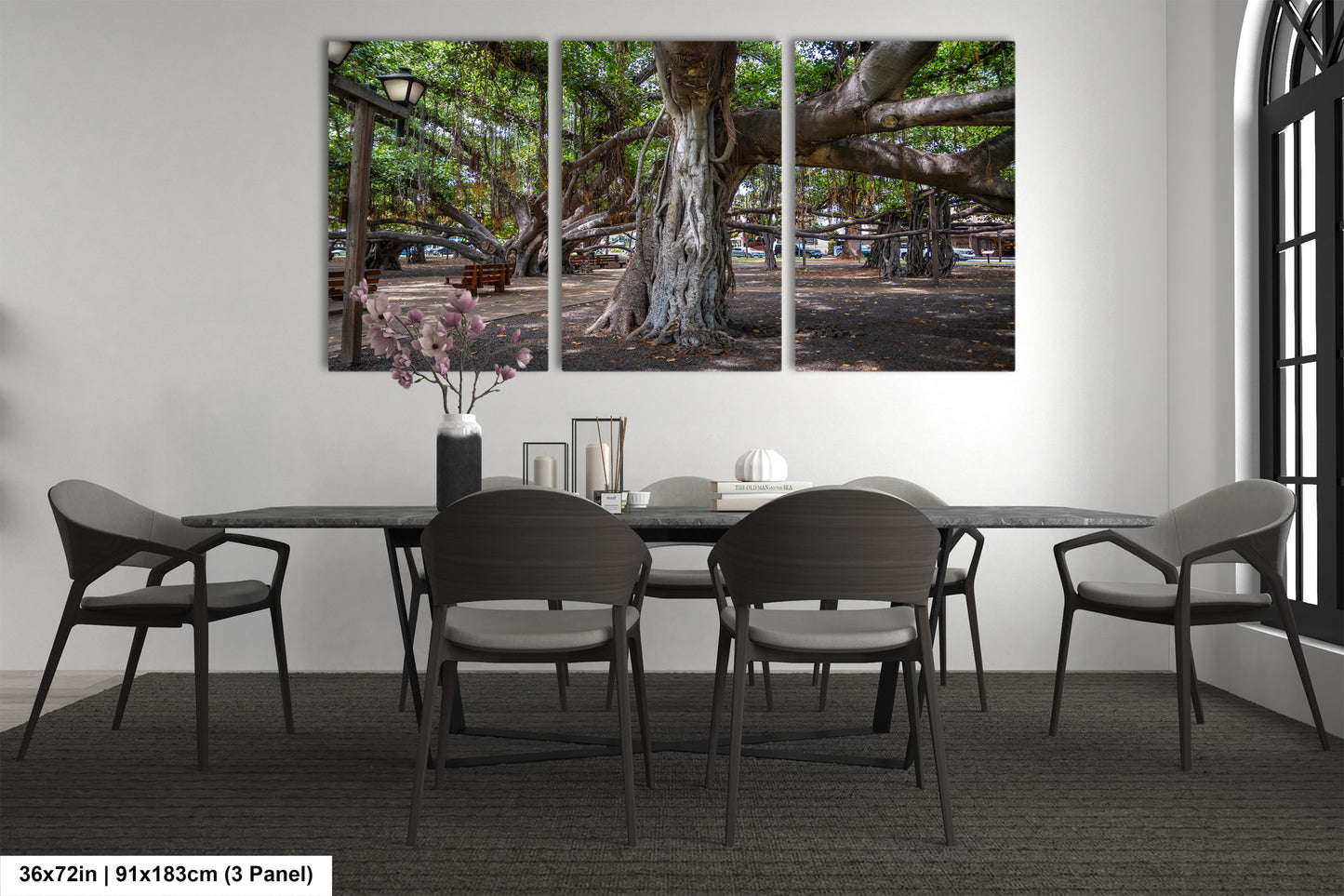 a dining room with a table and chairs
