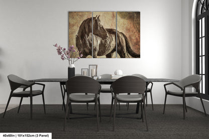 a painting of a horse on a wall in a dining room