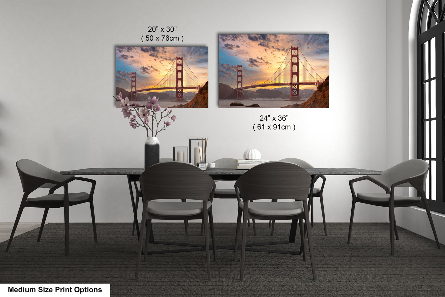 a dining room table with a view of the golden gate bridge