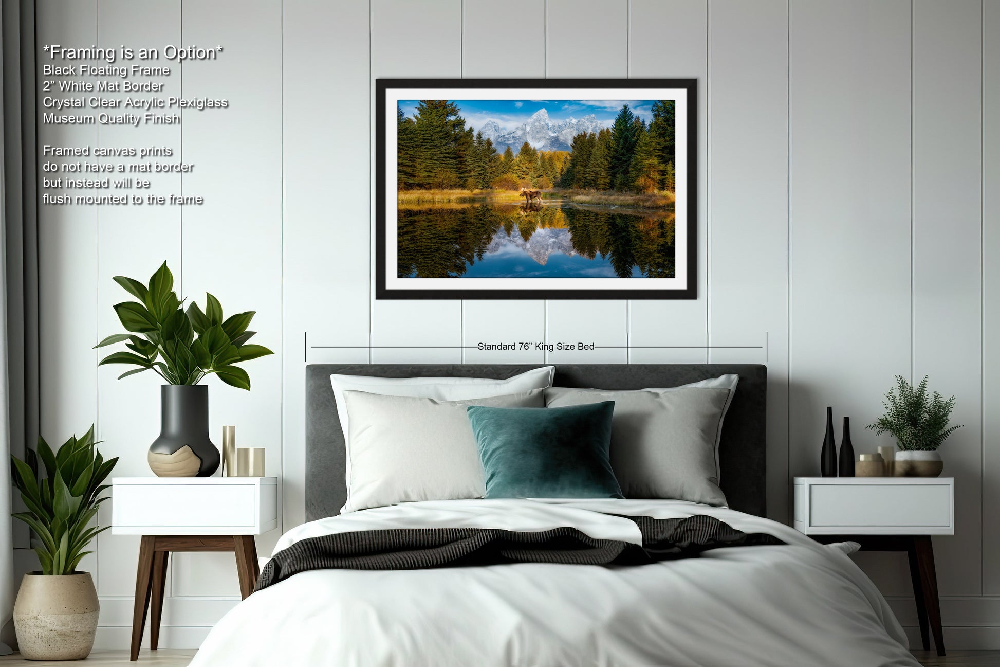 a bedroom with a bed and a picture hanging on the wall