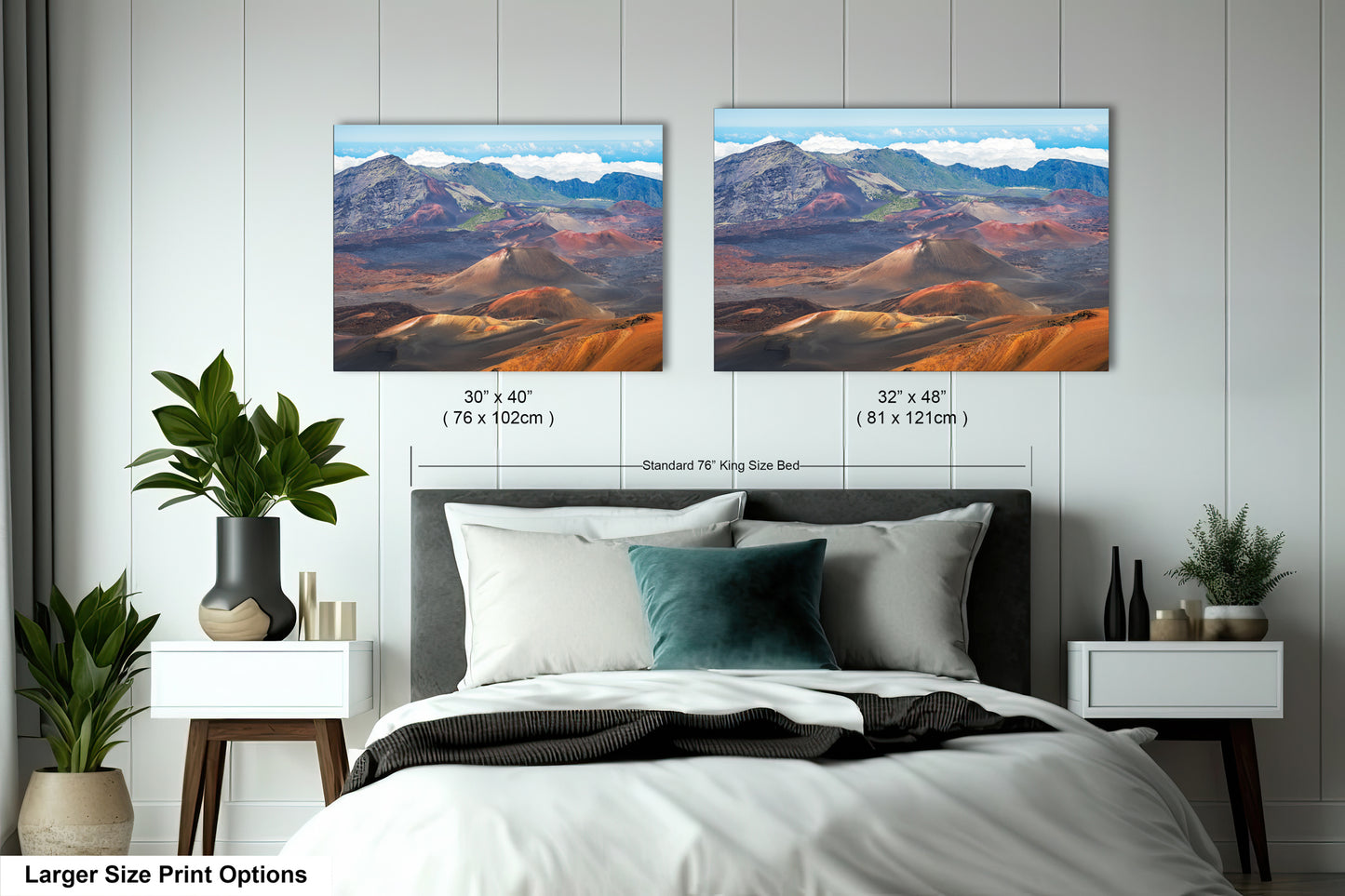 a bedroom with two framed landscape paintings hanging on the wall above a bed. The paintings depict a mountainous, desert-like scene with a mix of orange, red, and green colors. The paintings are of similar size and dimensions, indicating they are intended to be displayed together as a cohesive artwork in the room.