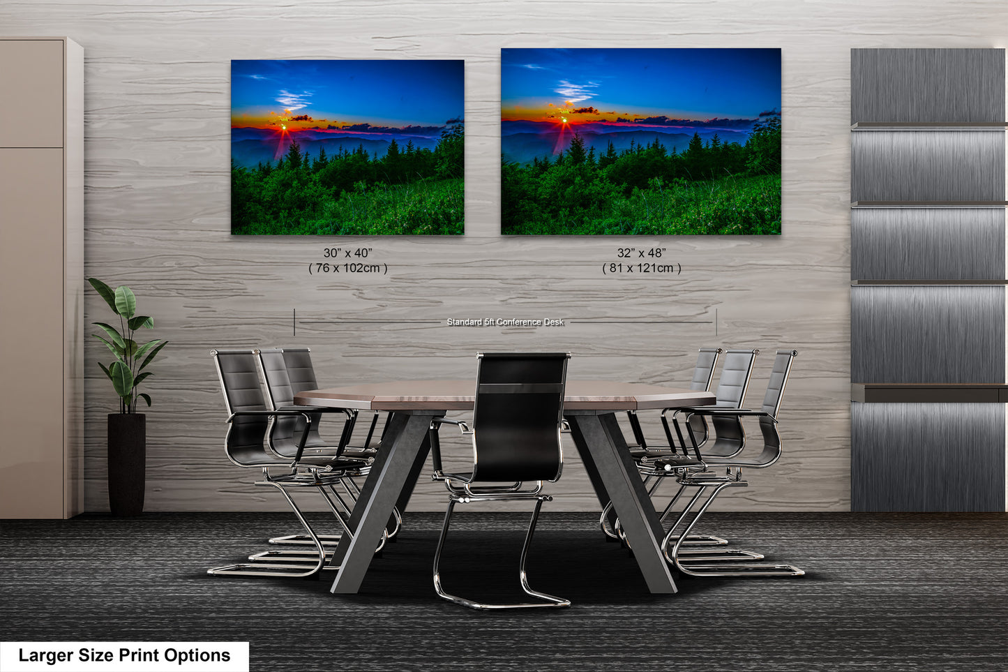 a dining room table with chairs and two pictures on the wall