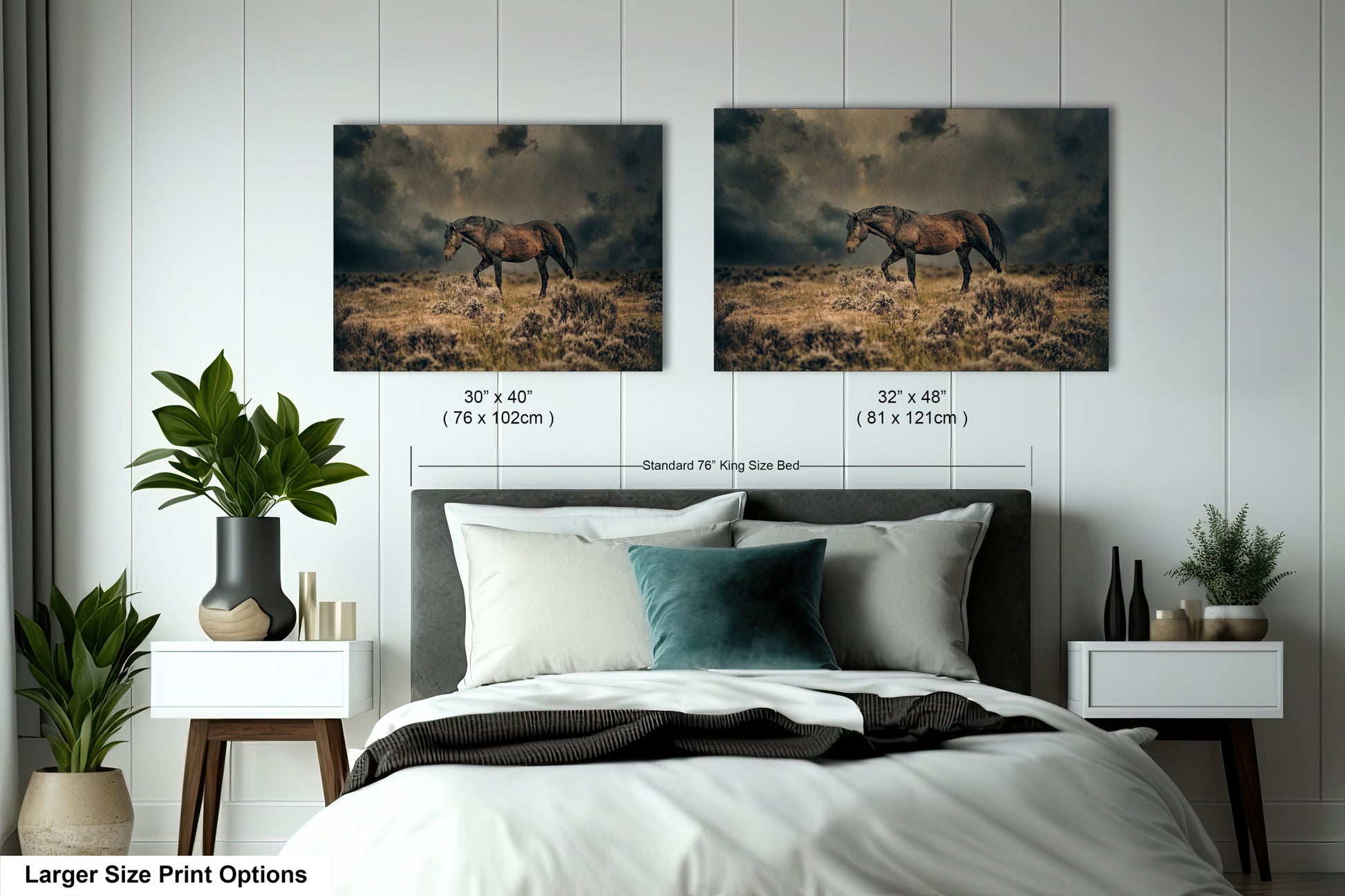 a bed room with two pictures of horses on the wall
