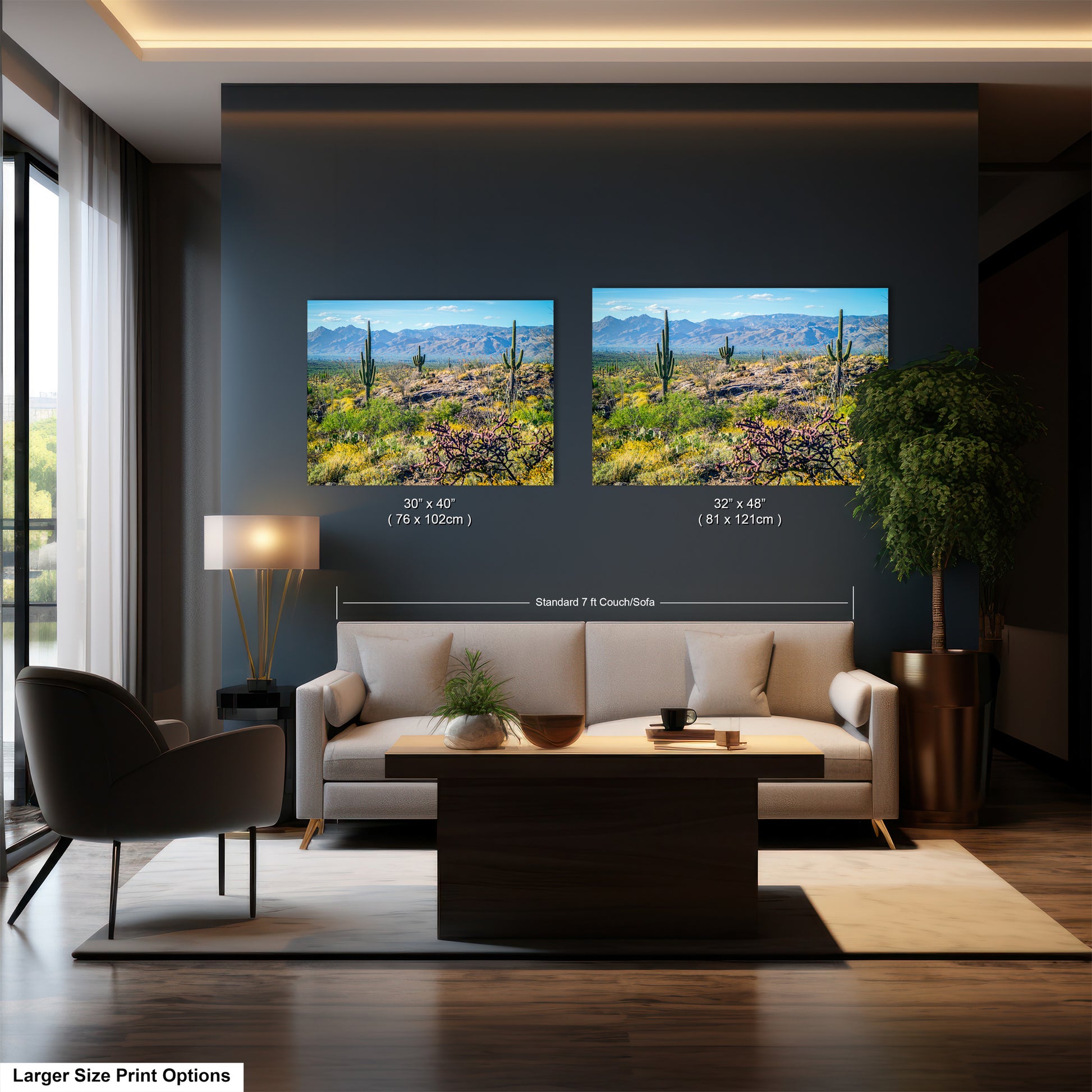 a modern living room with a large sofa, a coffee table, and a potted plant. Two framed landscape paintings are displayed on the wall above the sofa, depicting a desert scene with mountains in the background.