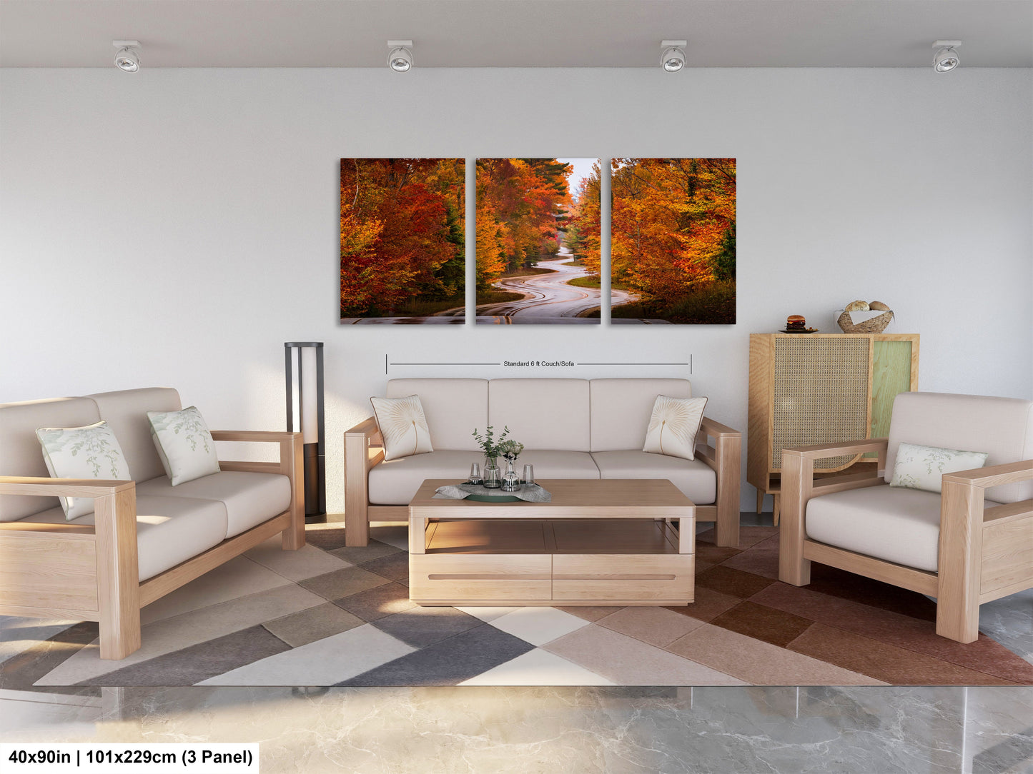 a living room filled with furniture and a painting on the wall