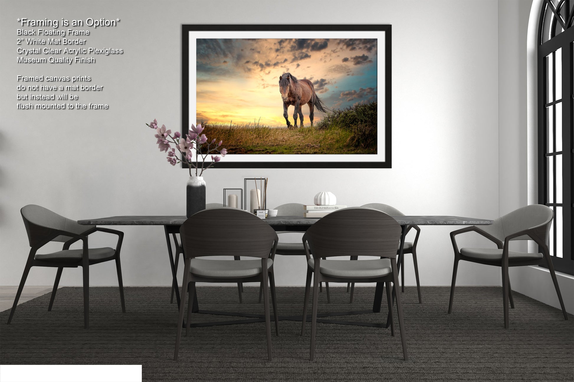 a picture of a horse in a room with a table and chairs