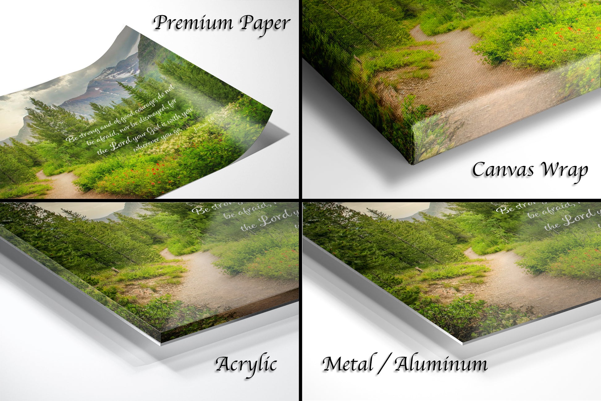 a series of four photos of a path through a forest