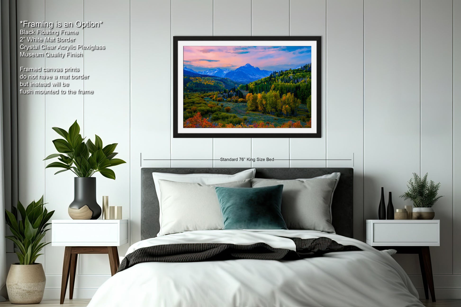 a bedroom with a large bed and a painting on the wall
