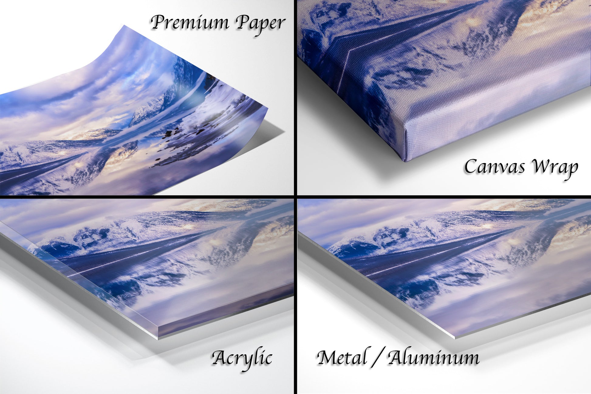 a series of four photos of a mountain range