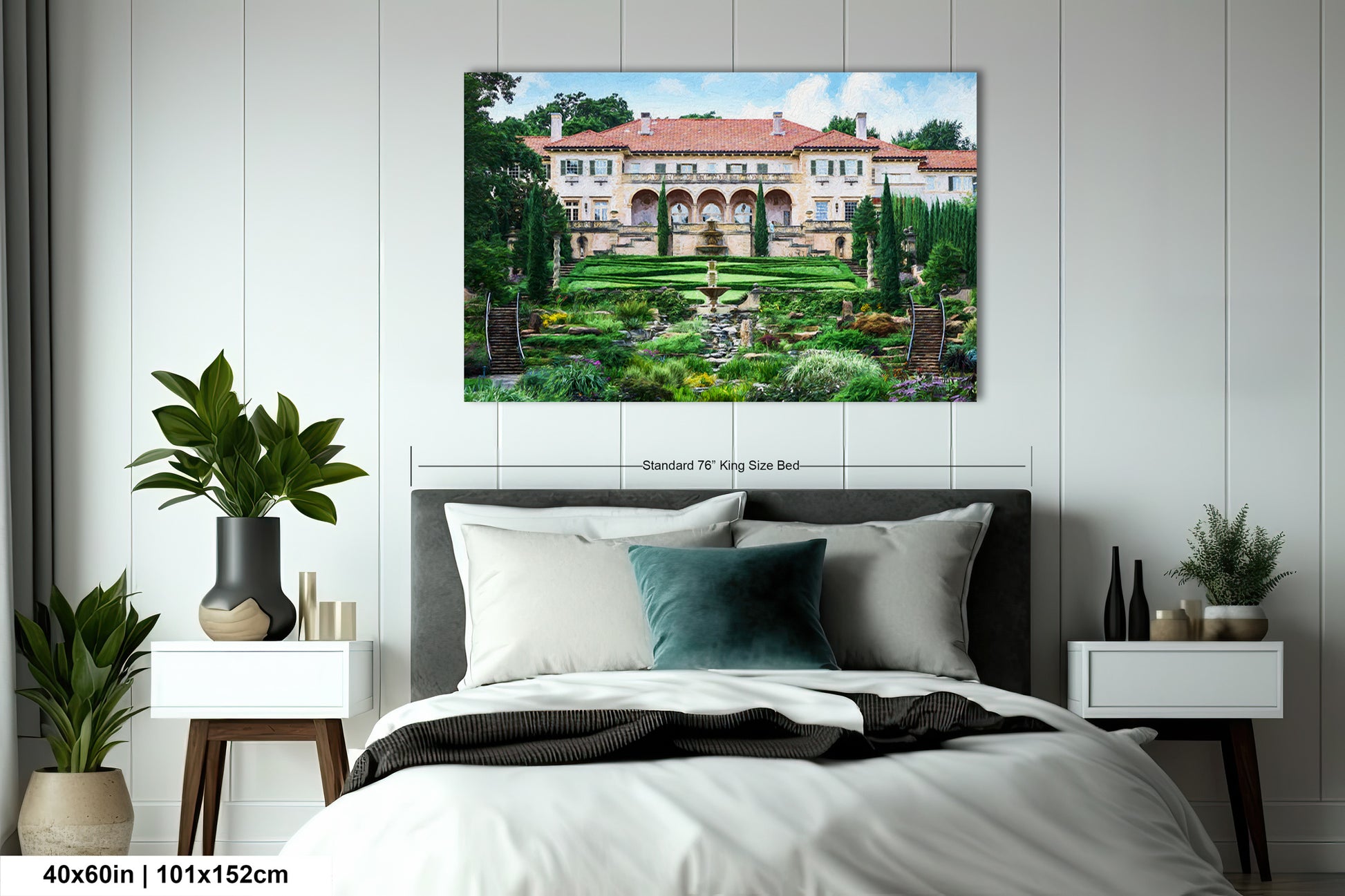 a bedroom with a large bed and a painting on the wall