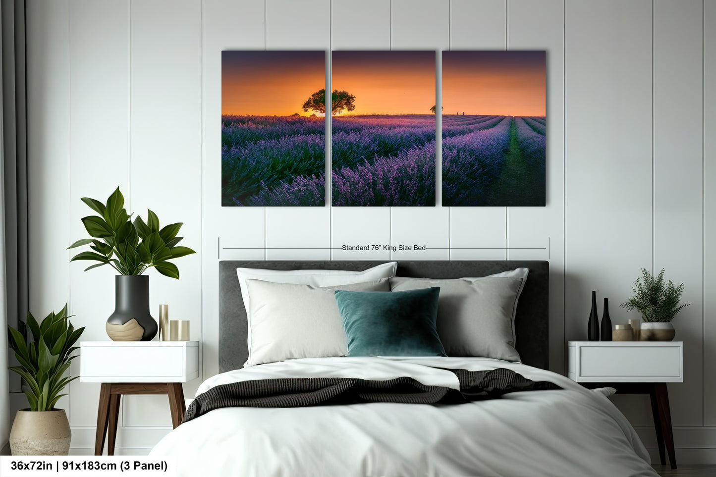 a bedroom scene with a bed and two paintings on the wall