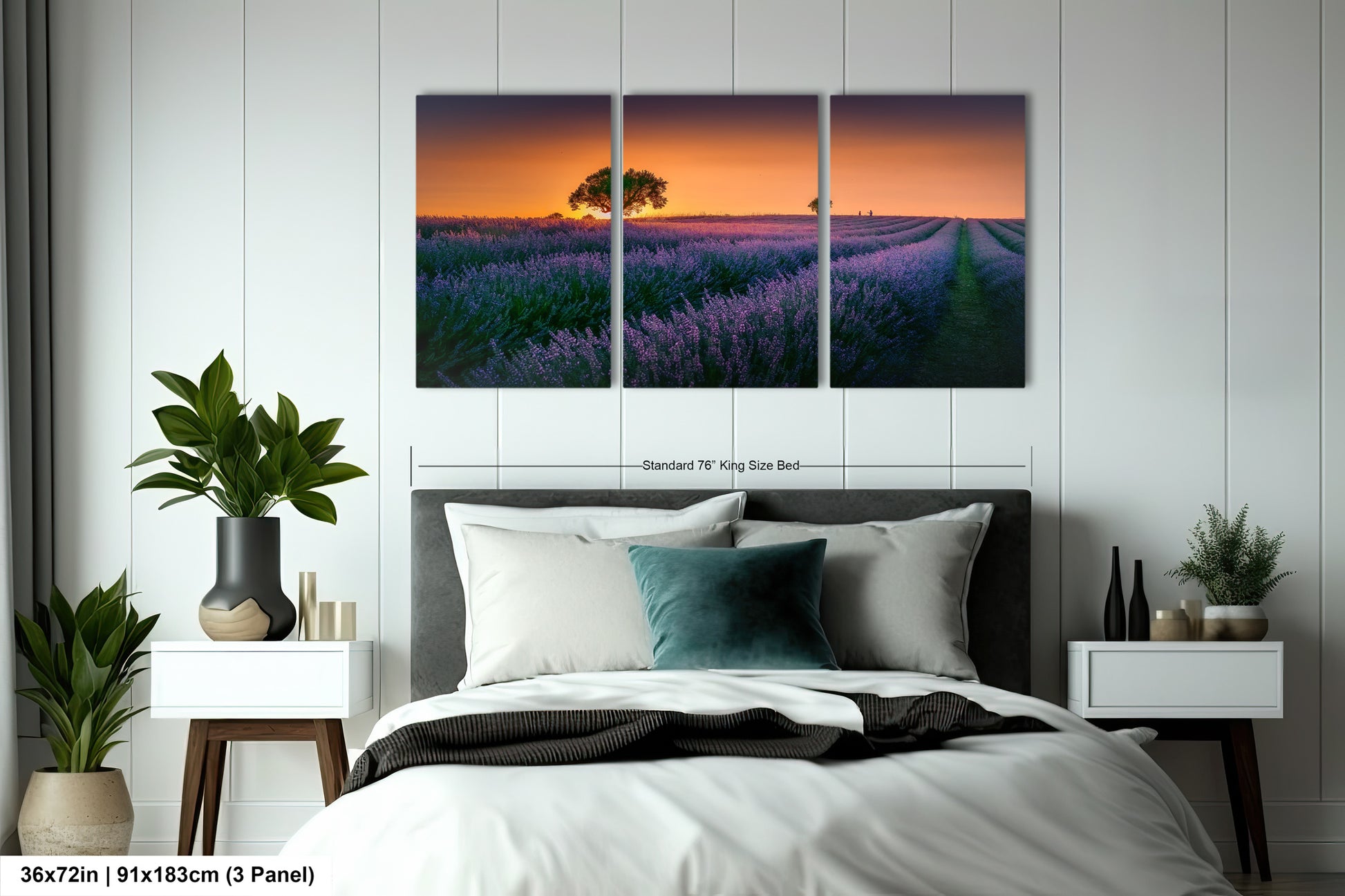 a bedroom scene with a bed and two paintings on the wall