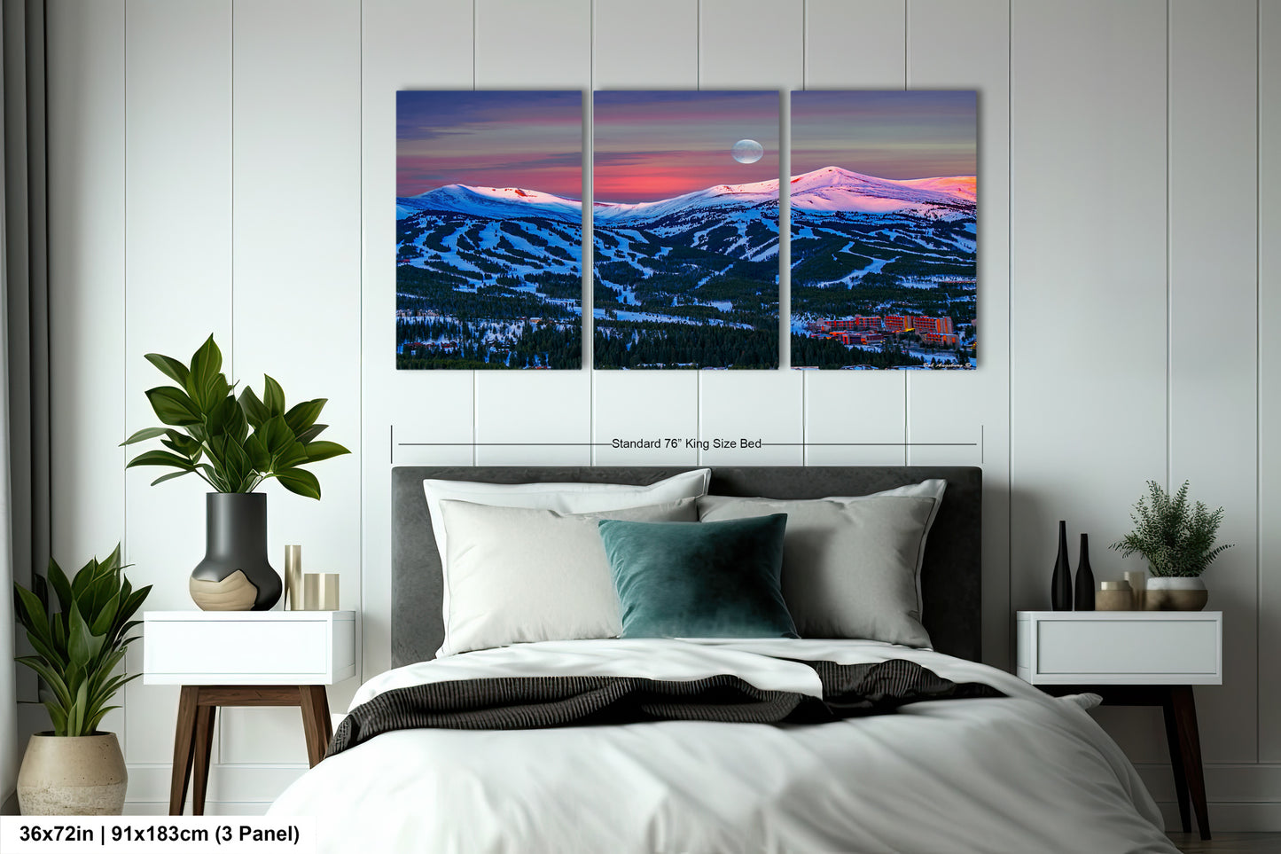 a bedroom scene with a bed and two paintings on the wall