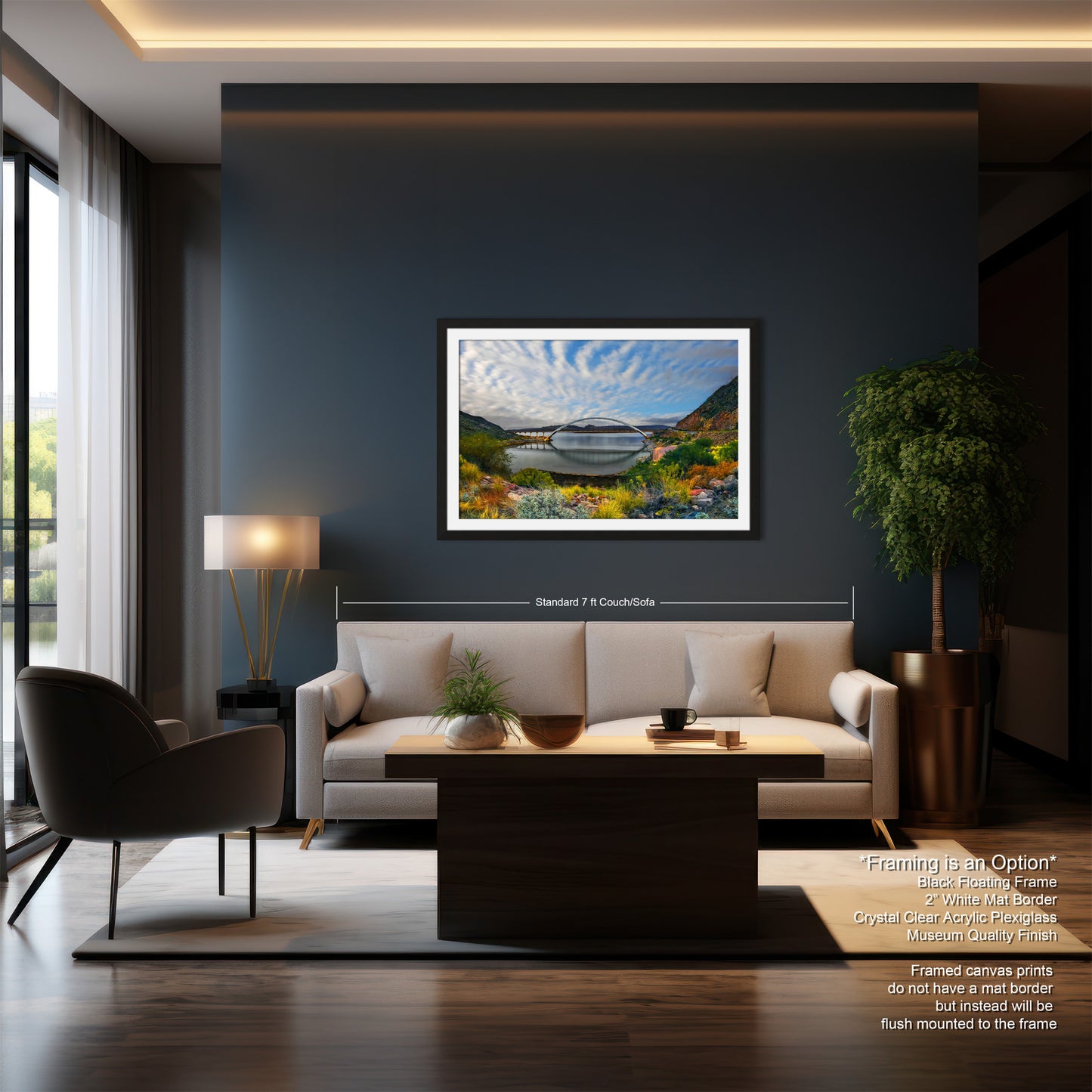 a living room with a couch a chair and a painting on the wall