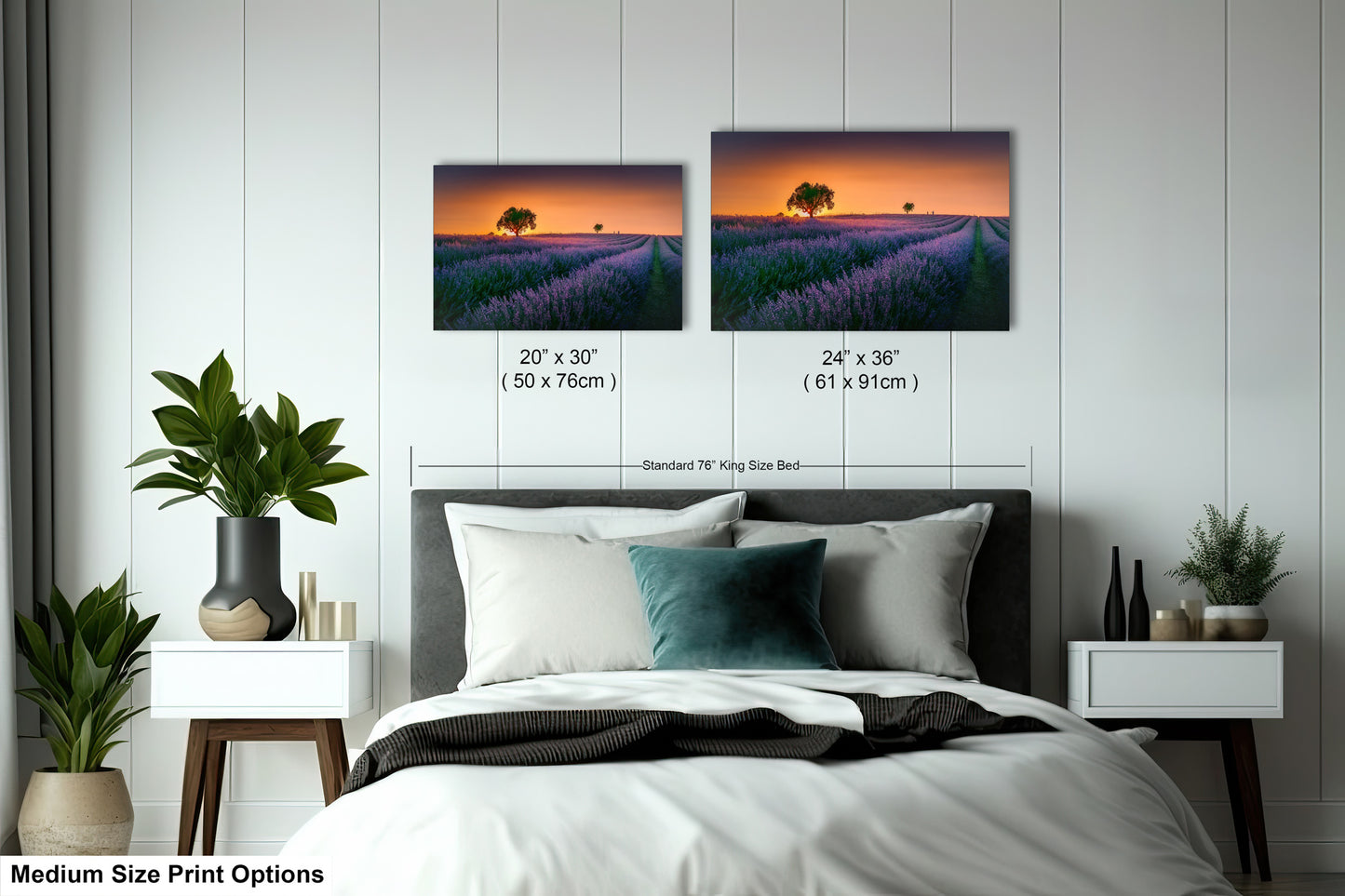 a bedroom with a bed and two pictures on the wall