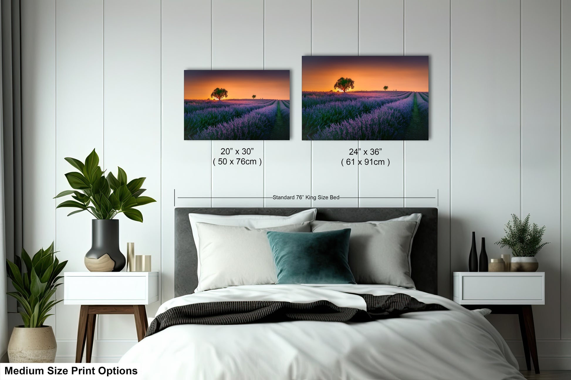 a bedroom with a bed and two pictures on the wall