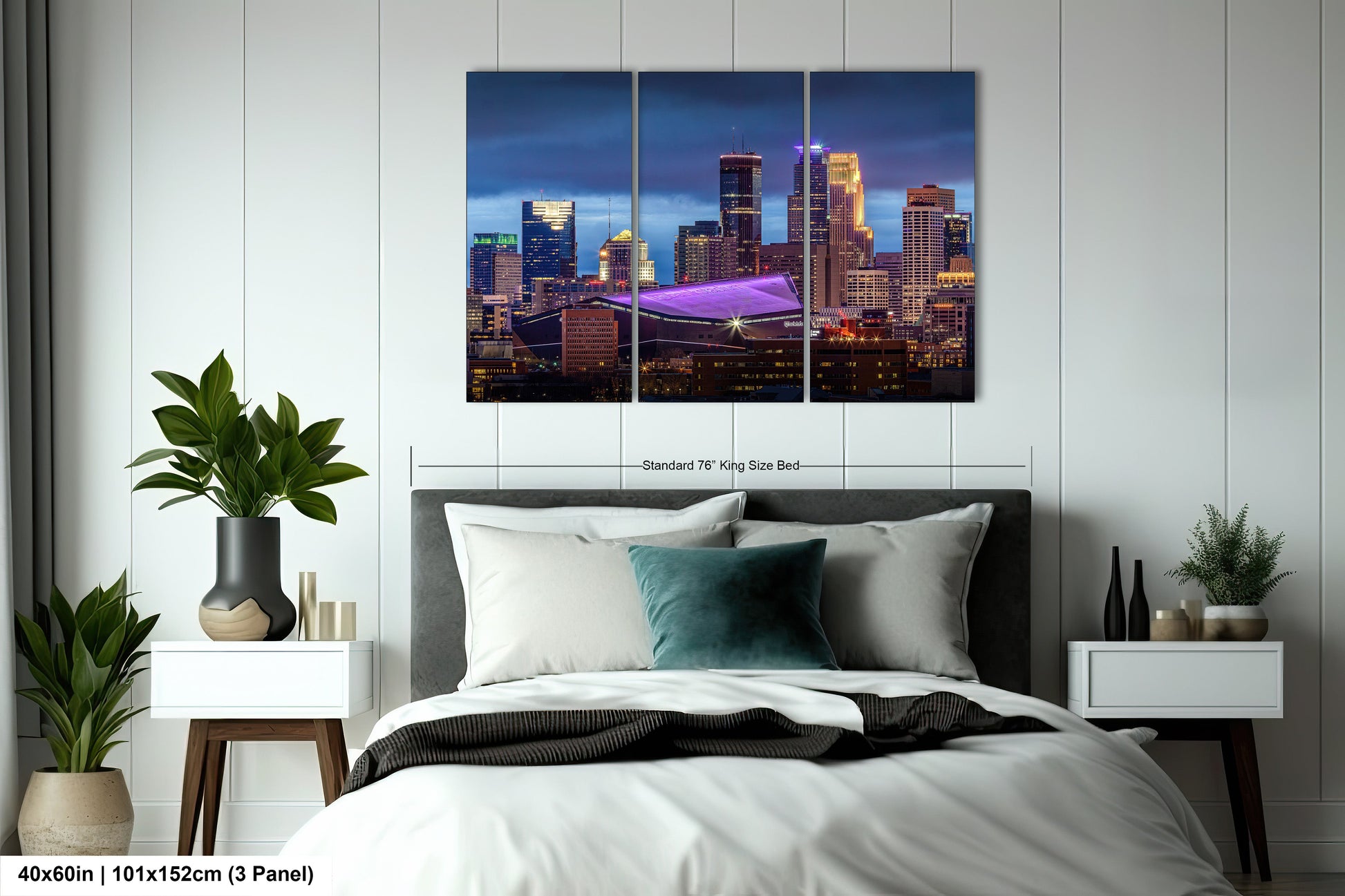a bedroom scene with a bed and a night view of a city