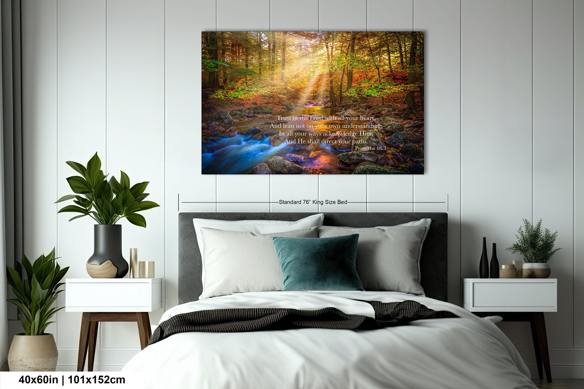 a bedroom with a bed and a painting on the wall
