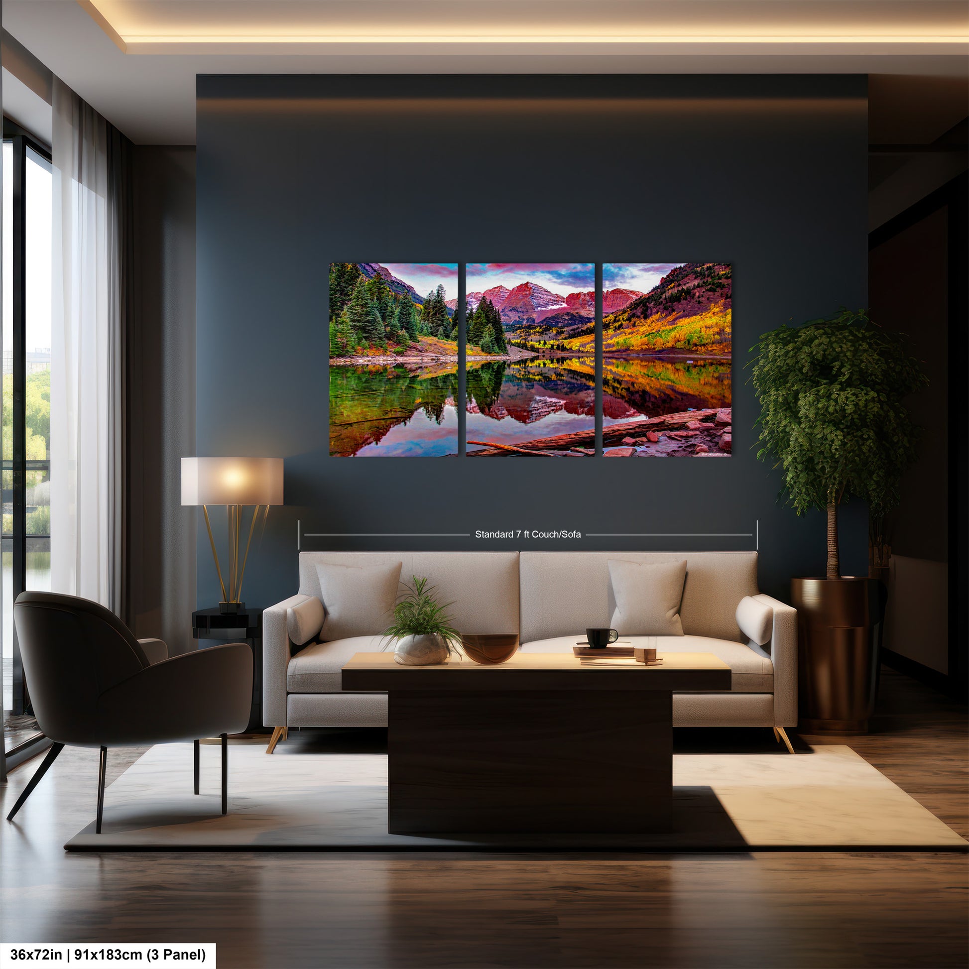 a living room filled with furniture and a painting on the wall