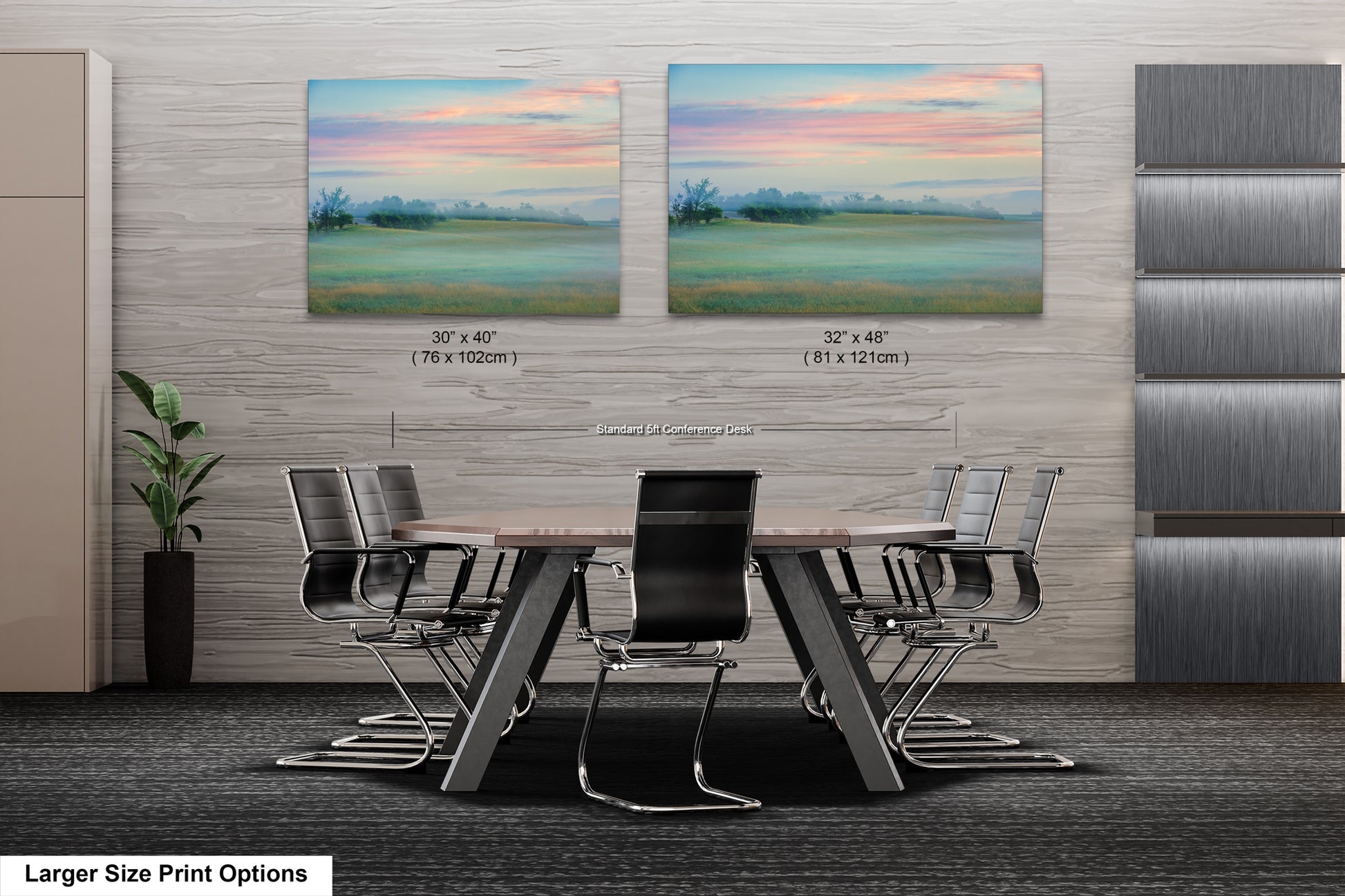 a dining room with two paintings on the wall
