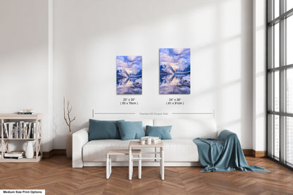 a living room with a white couch and two paintings on the wall