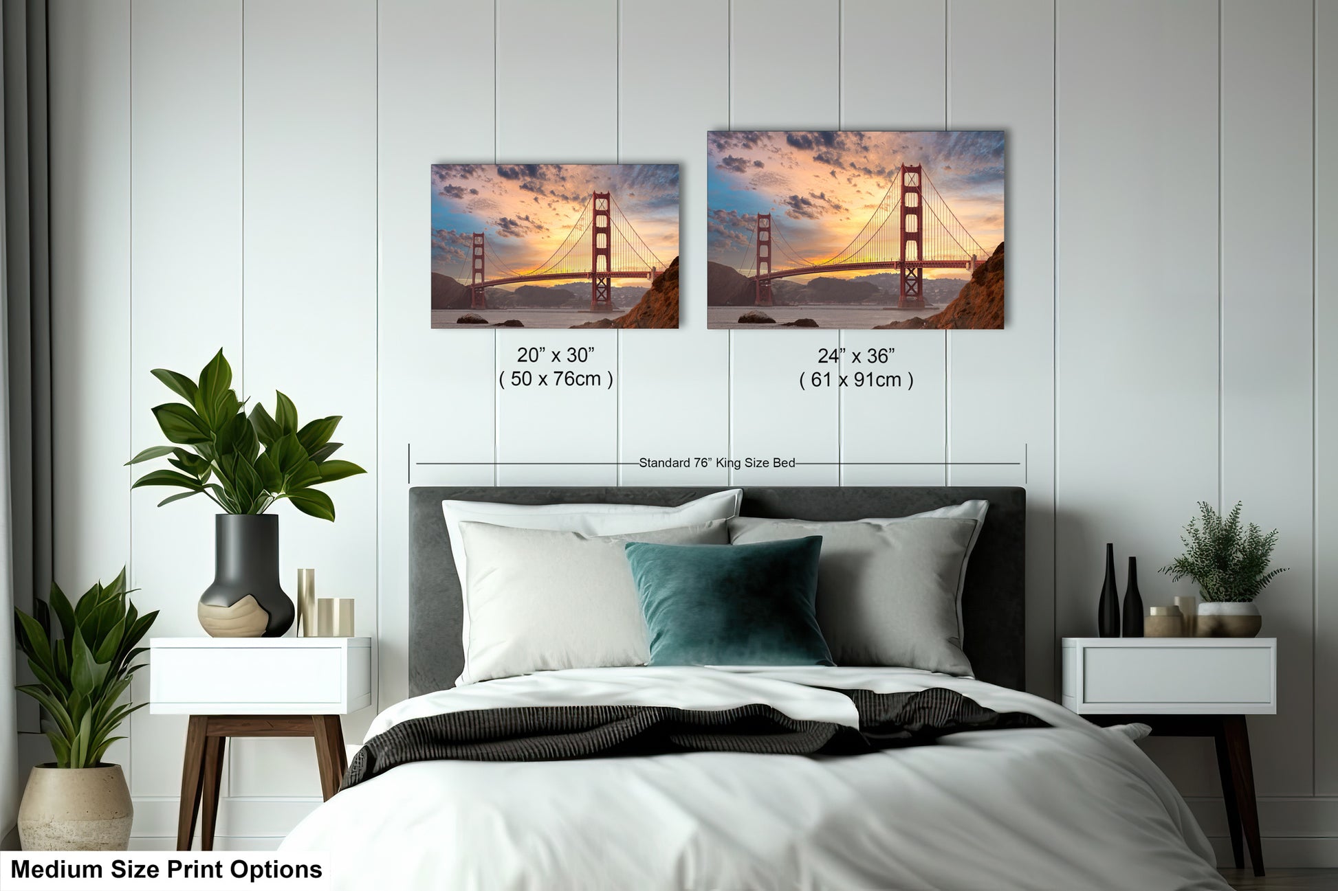 a bedroom with a bed and two pictures of the golden gate bridge