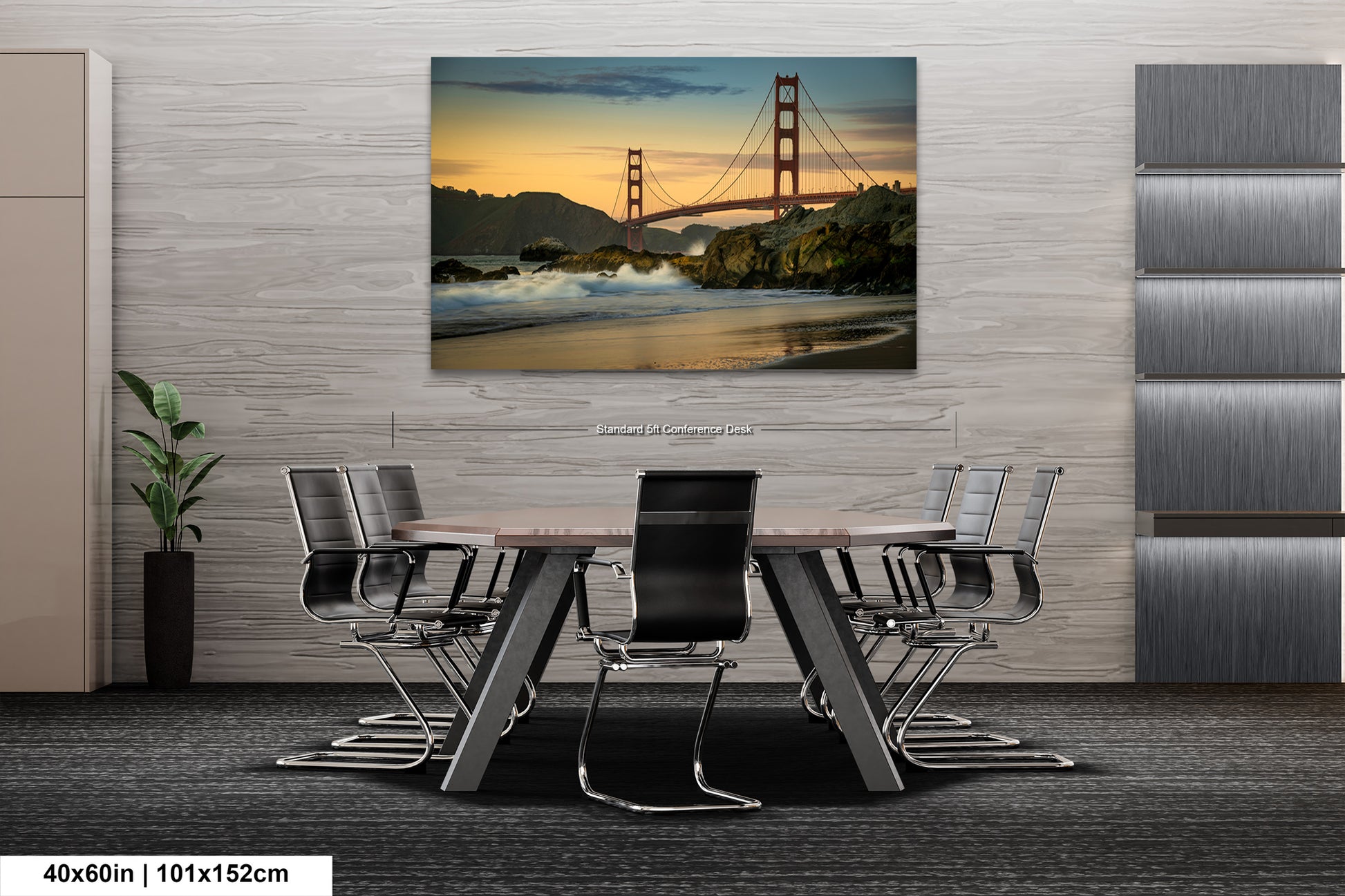 a dining room table with chairs and a painting of the golden gate bridge