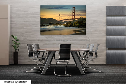 a dining room table with chairs and a painting of the golden gate bridge