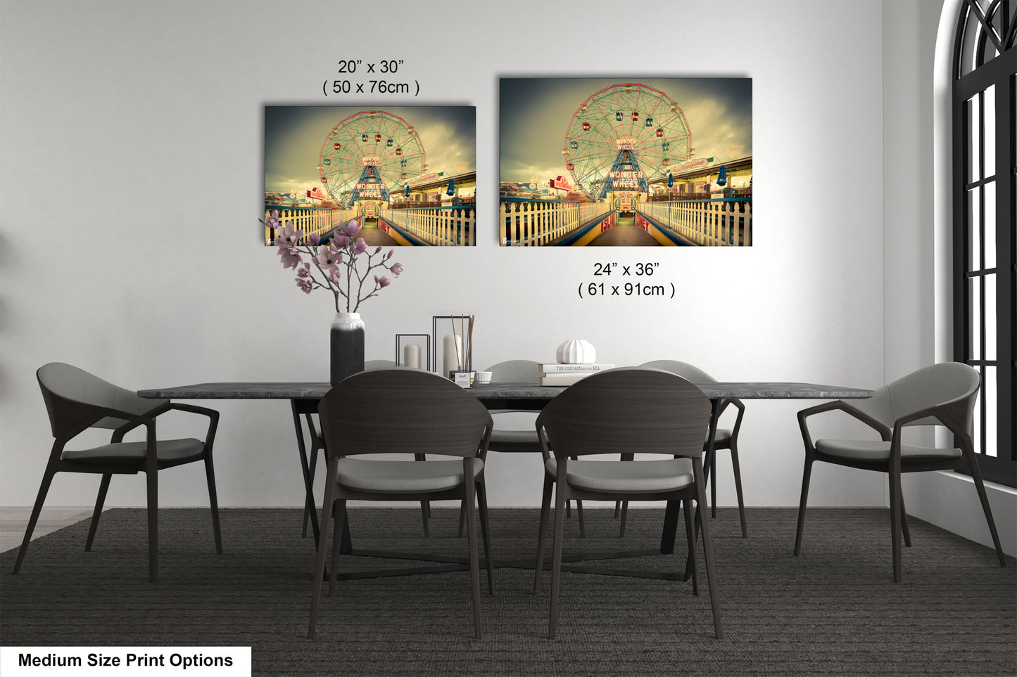 a dining room with a table and chairs and a ferris wheel in the background