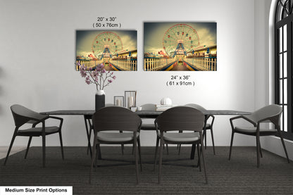 a dining room with a table and chairs and a ferris wheel in the background