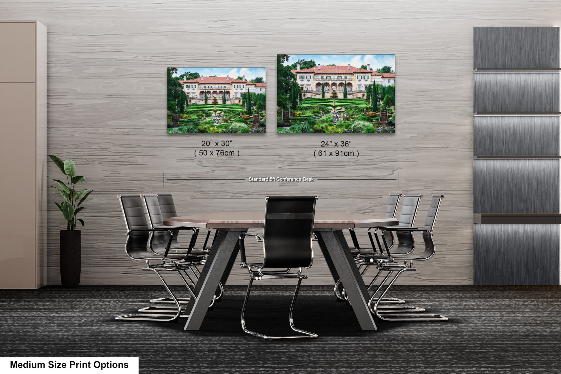 a dining room table with chairs and two pictures on the wall