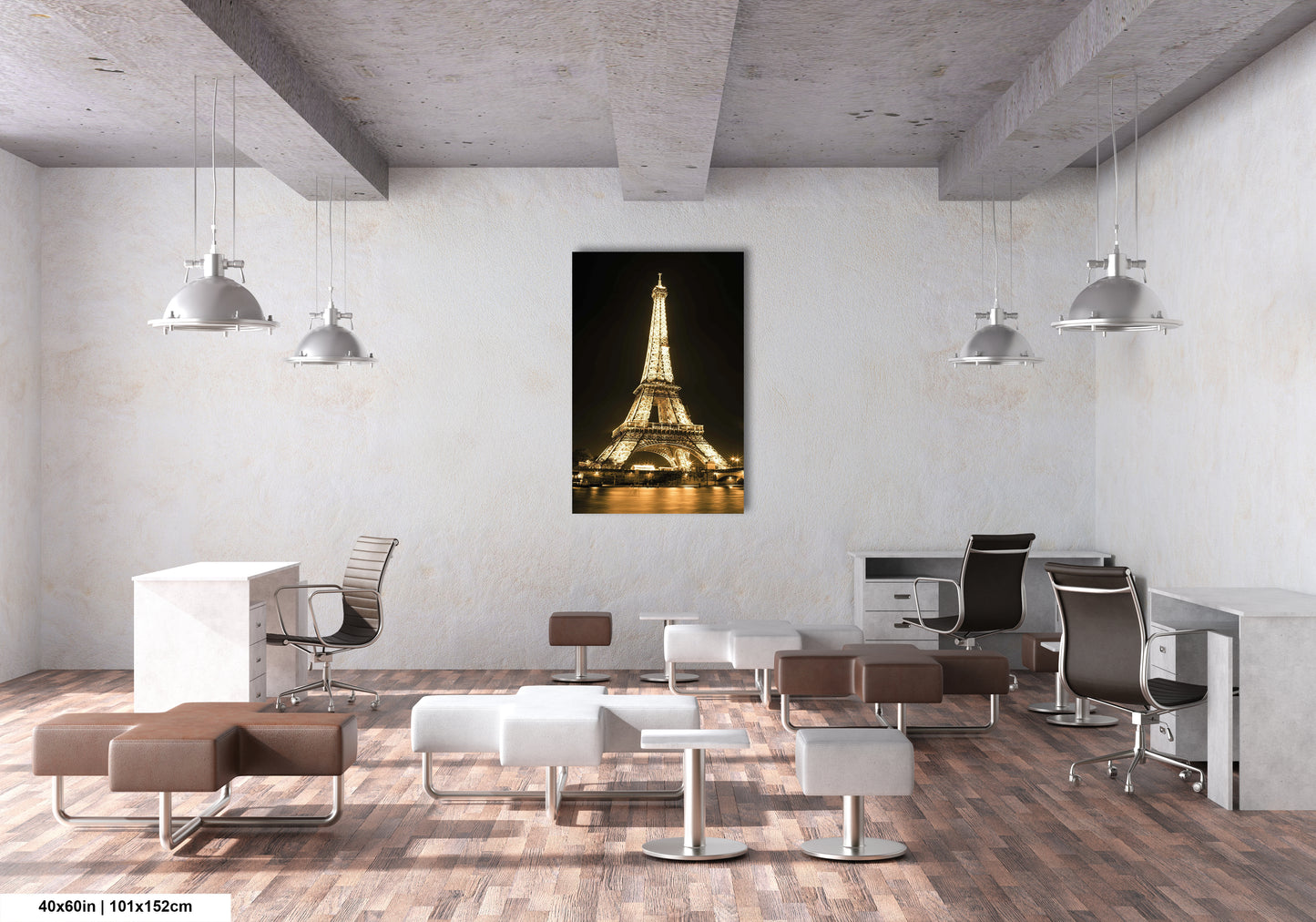 a room with chairs, a desk and a picture of the eiffel tower
