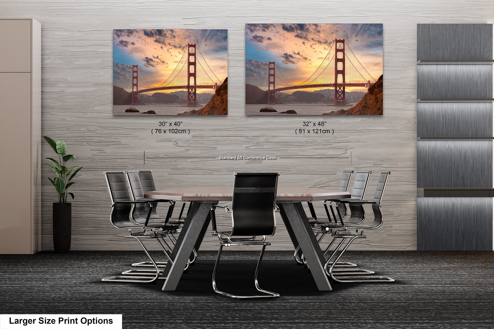 a dining room table with chairs and a picture of the golden gate bridge