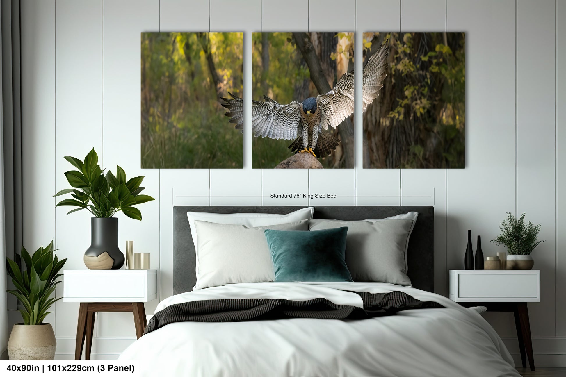 The image is a bedroom with a large bed, nightstands, and a potted plant. Above the bed, there is a large painting or collage of three images depicting a bird in flight.
