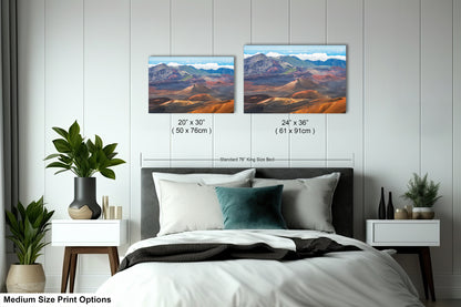 a bedroom with a bed, nightstands, and potted plants. There are two framed landscape paintings hanging on the wall above the bed, depicting mountains and a desert scene. The paintings are of medium size, with dimensions of 20 x 30" (50 x 70") and 24 x 36" (61 x 91") in inches.
