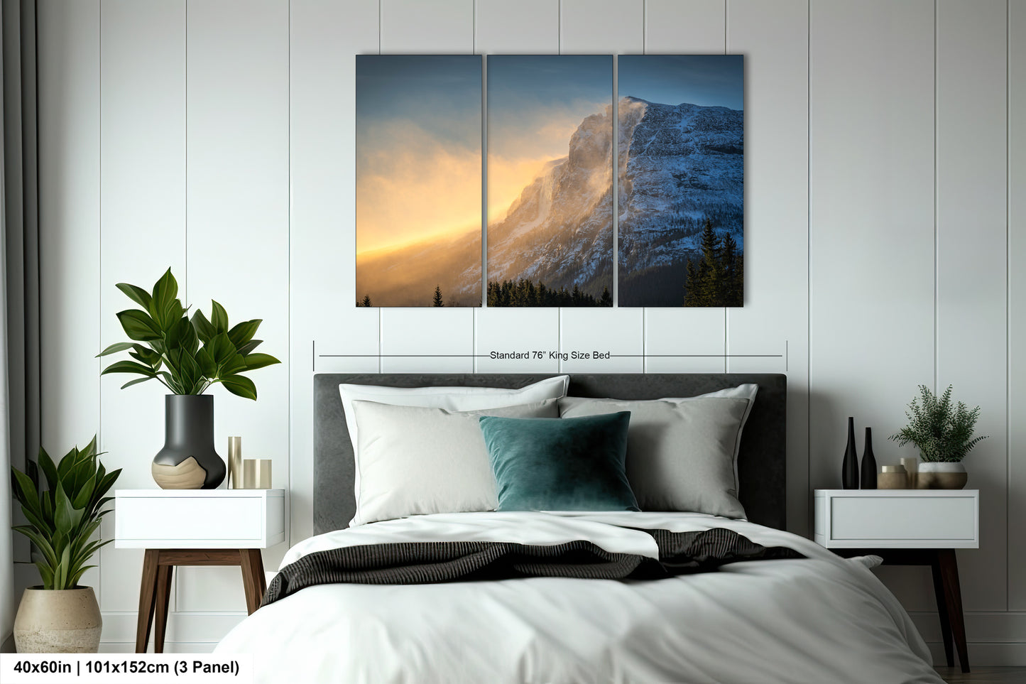 a bedroom scene with a bed and two paintings on the wall