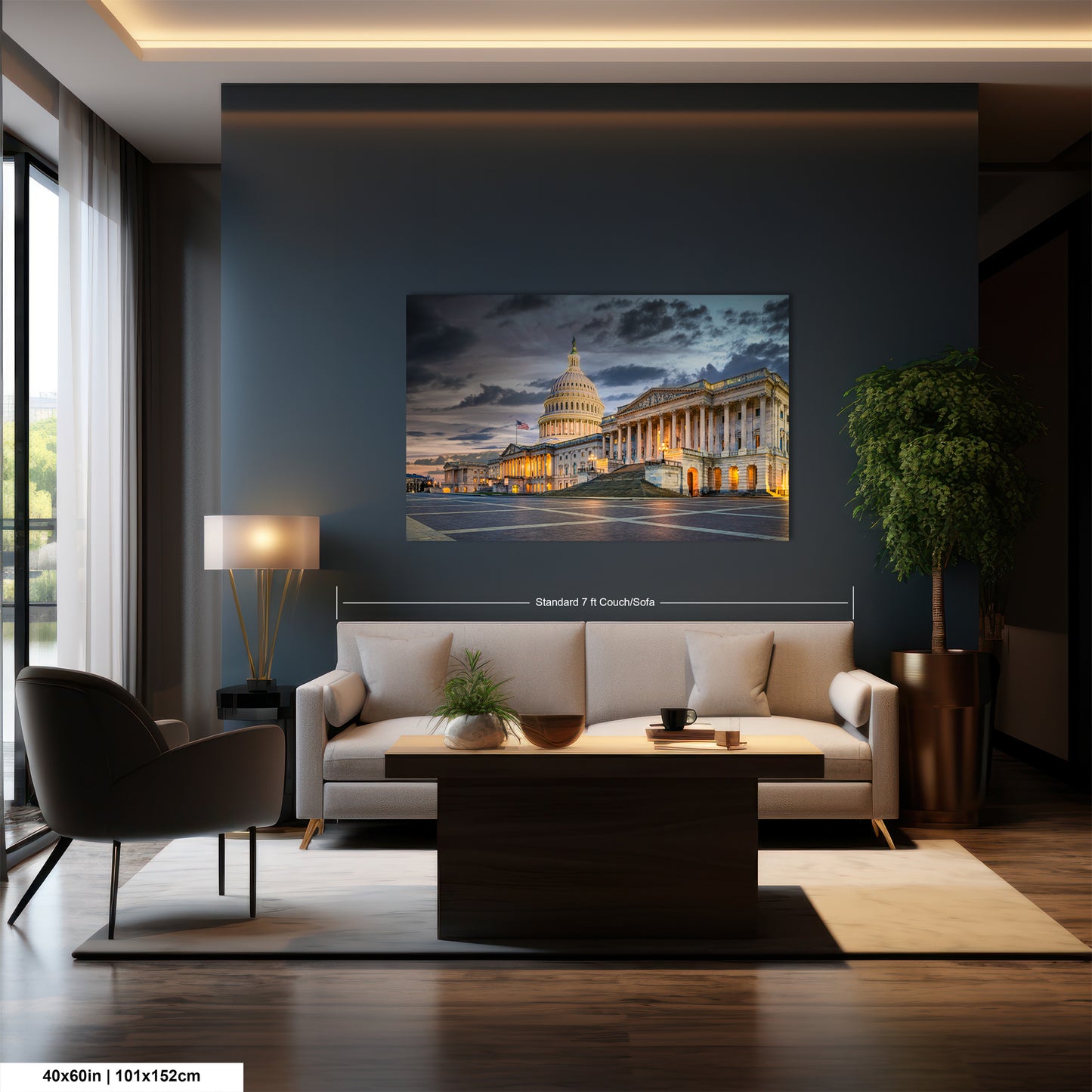a living room filled with furniture and a painting on the wall