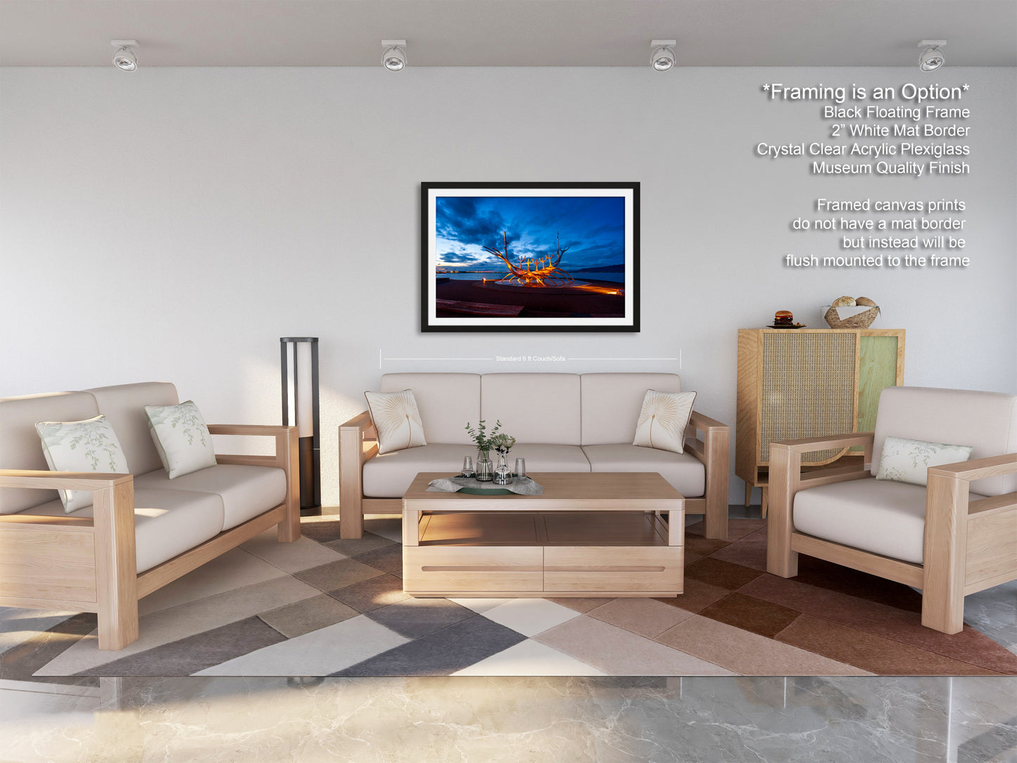 a living room filled with furniture and a painting on the wall